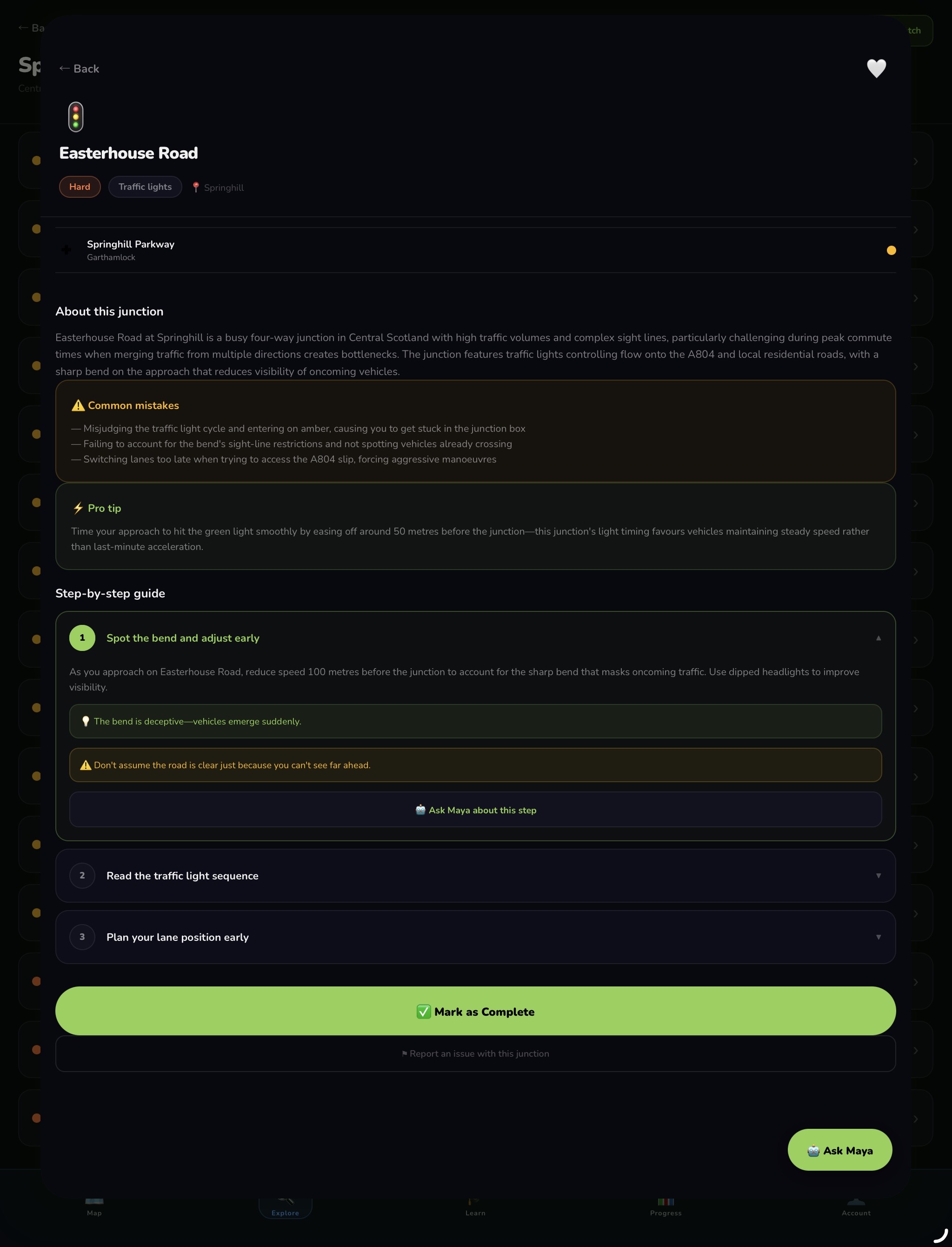 Junction detail screen